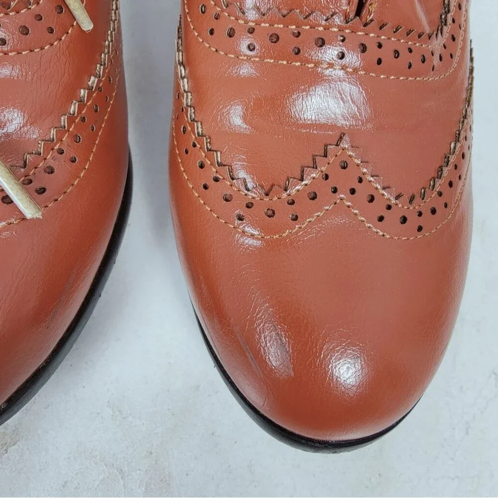 Odema Women's Brown Faux Leather Oxford Wingtip Brogue Heel Shoes, Sz 7